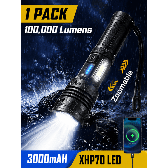 YTAKY Flashlight, 100000Lumens , 3000mAh USB Rechargeable IPX6 Waterproof, Super Bright XHP70.2 Flashlight,Zoomable Handheld Torch for Hiking Hunting Camping