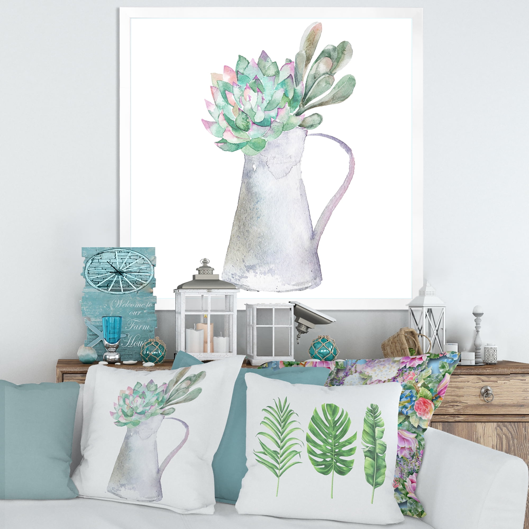 Designart 'Succulent Home Plant In Jug' Traditional Framed Art Print