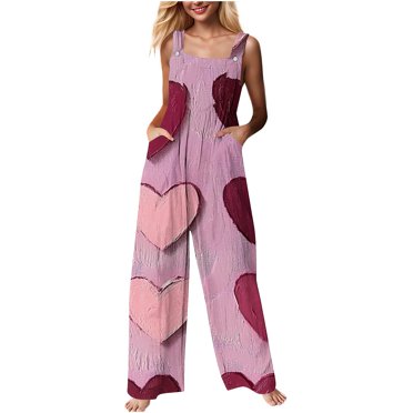 Lenpel Women's Bib Overalls Loose Valentine's Day Printed Wide Leg Strapped Jumpsuits Casual Rompers with Pockets