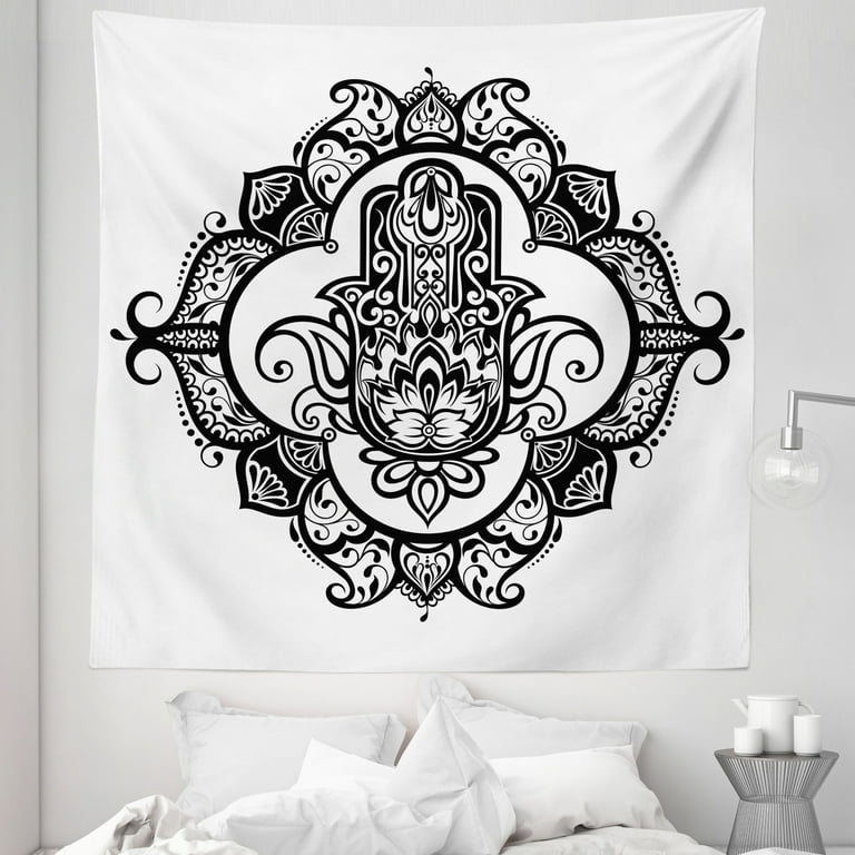Hamsa Tapestry Curvy Ornate Frame with Antique Motif Floral Tattoo Fabric Wall Hanging Decor for Bedroom Living Room Dorm 5 Sizes White Black by