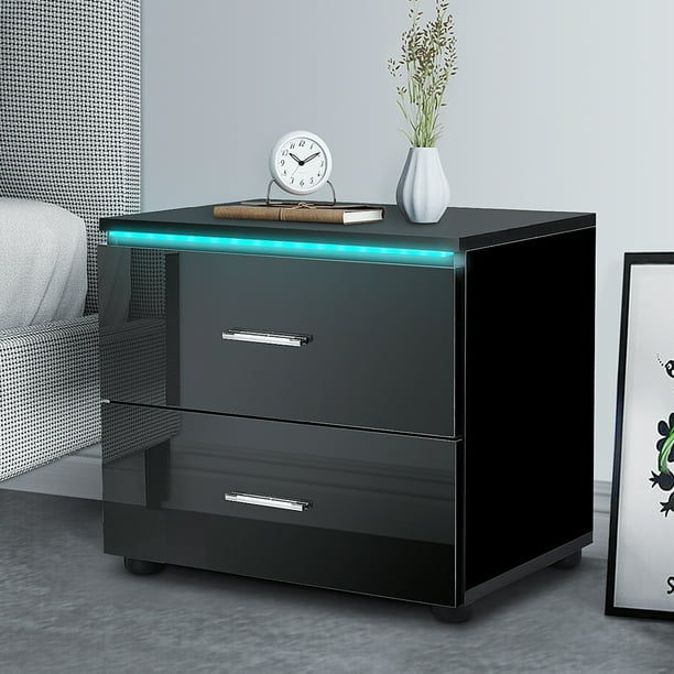 Hommpa High Gloss LED Nightstand Black 2 Drawer Bedside Table for
