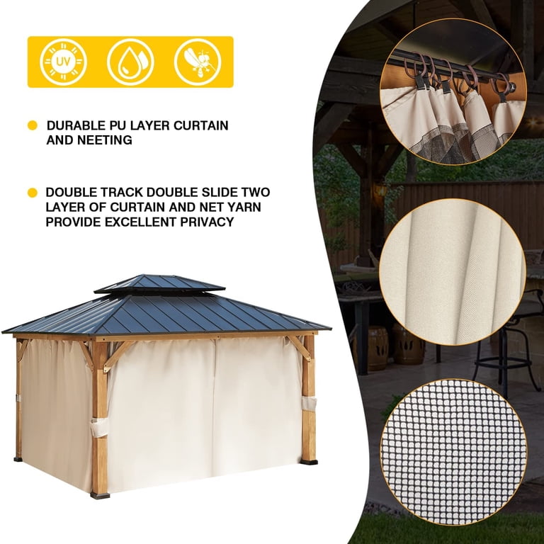 Mellcom 13'x11' Hardtop Cedar Wood Gazebo, Outdoor with Curtains