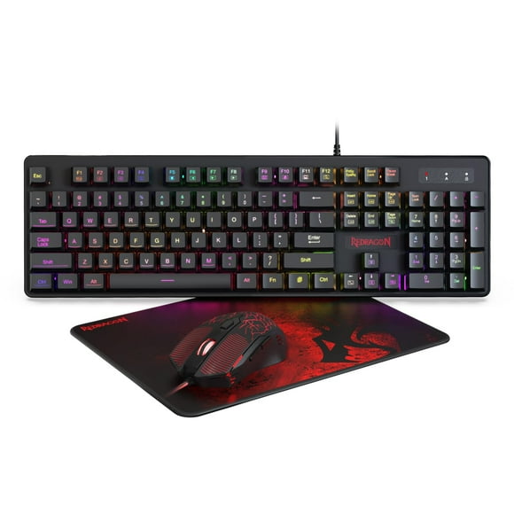 Redragon S107 Gaming Keyboard and Mouse Combo Large Mouse Pad Mechanical Feel RGB Backlit 3200 DPI Mouse for Windows PC (Keyboard Mouse Mousepad Set)