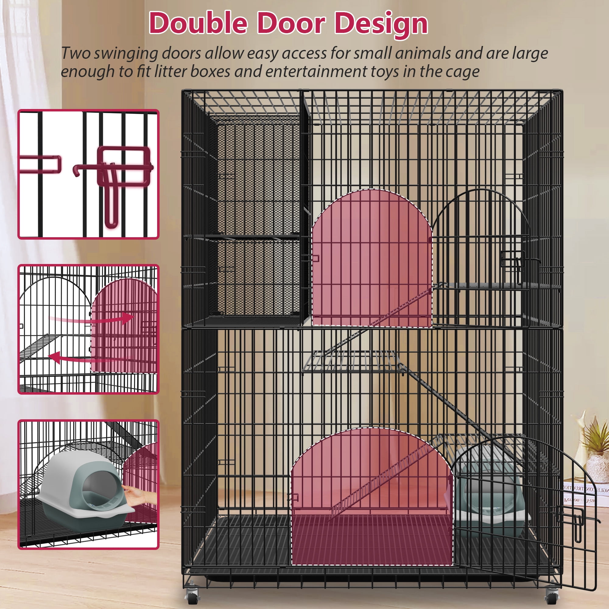 Jhsomdr 4-Tier Large Cat Cage Indoor Cat Enclosures with Storage Cube 58"H Collapsible Metal Cat Playpen Ferret Cage Outdoor Cat Kennel with 2 Doors