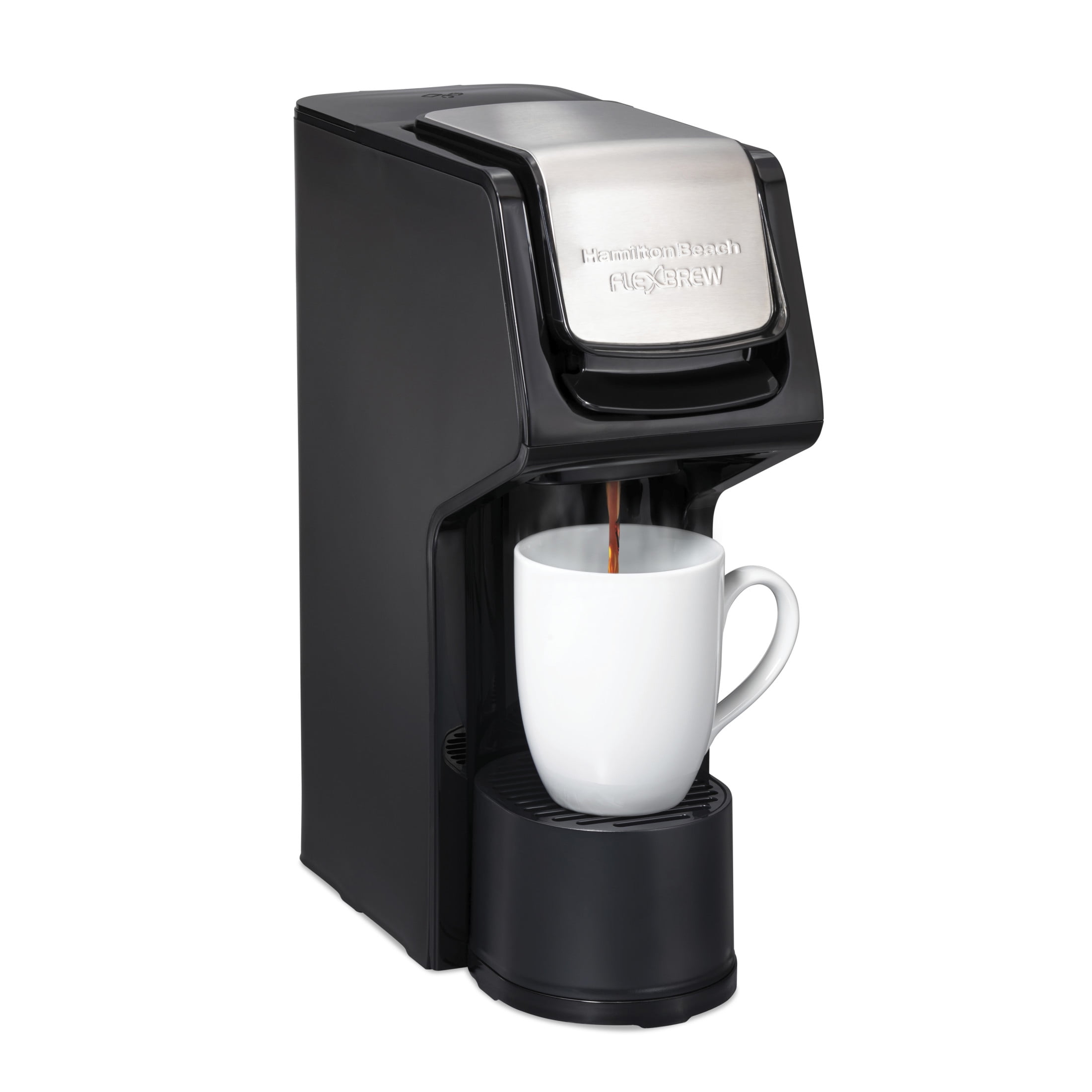 Hamilton Beach FlexBrew Sinlge Serve Coffee Maker, K Cup Pod Compatible & Grounds, 14 oz. Reservoir, Black & Stainless