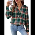 thumbnail image 2 of Camisas A Cuadros con Cuello en V para Mujer, Elegantes, Informales, con Botones, Estilo Bohemio, para el Trabajo, de Larga, para Otoño. Verde Oscuro M, 2 of 9