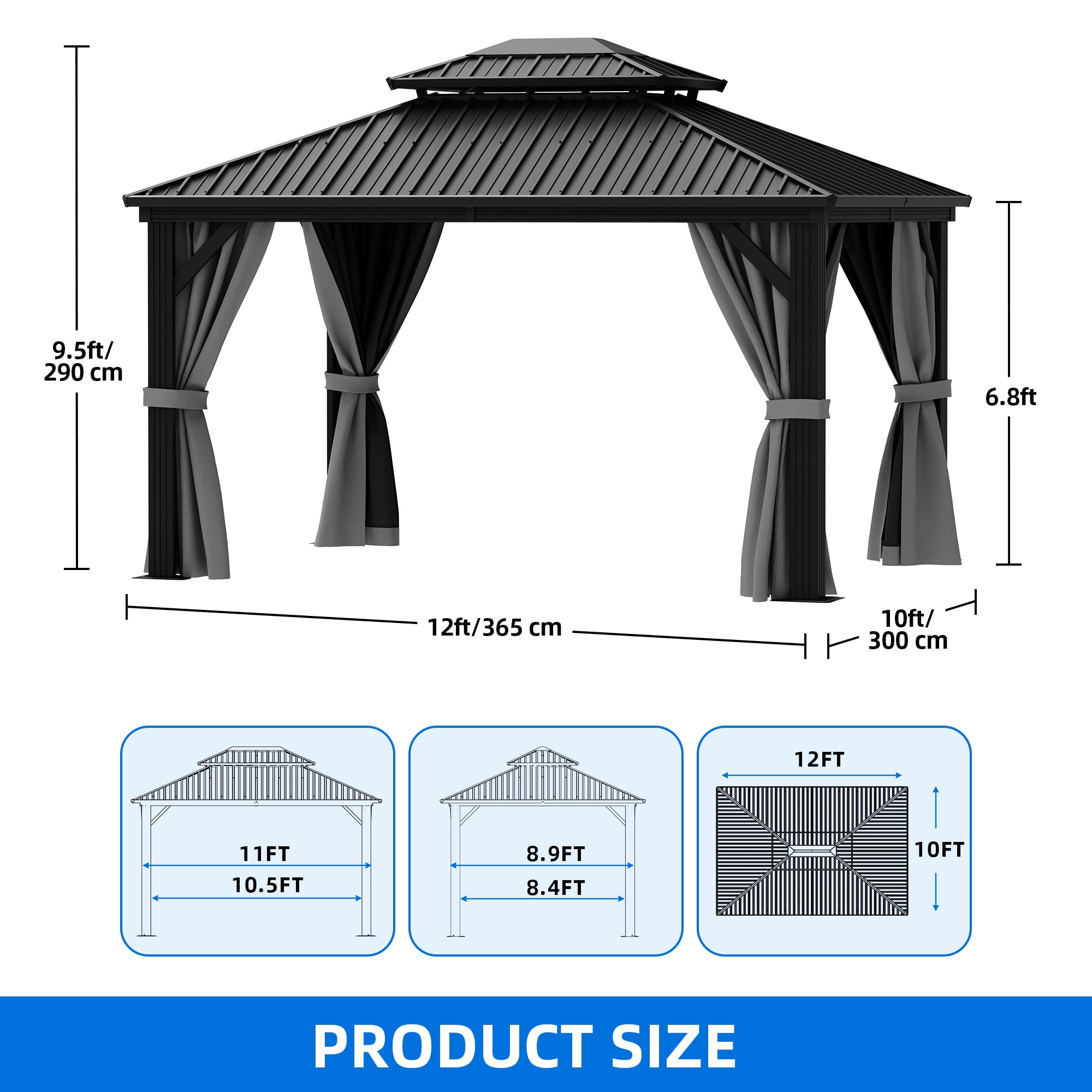 Dextrus 10x12FT Outdoor Hardtop Gazebo with Nettings & Gray Curtains,Heavy Duty Double Roof  Galvanized Steel Canopy, Sunshade for Garden, Patio, Lawns, Black&Gray