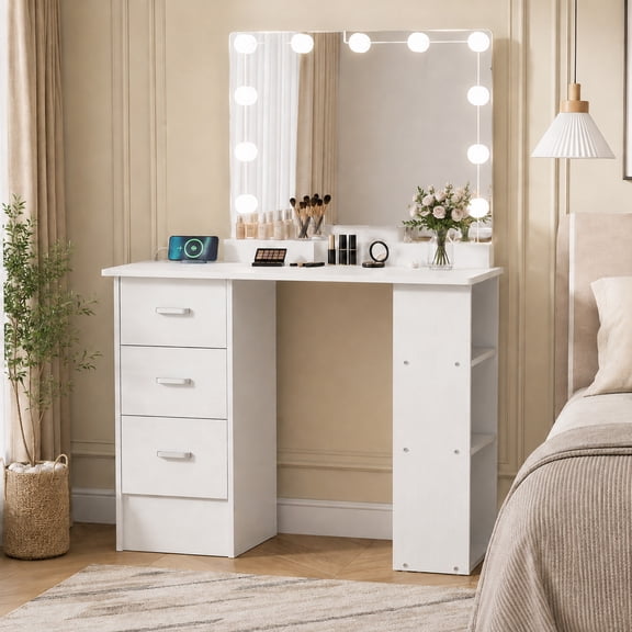 Katalora White Dressing Table Vanity Desk with 3 Drawers and 3 Open Shelves, Makeup Table for Bedroom, Small Vanity Desk for Beauty Storage
