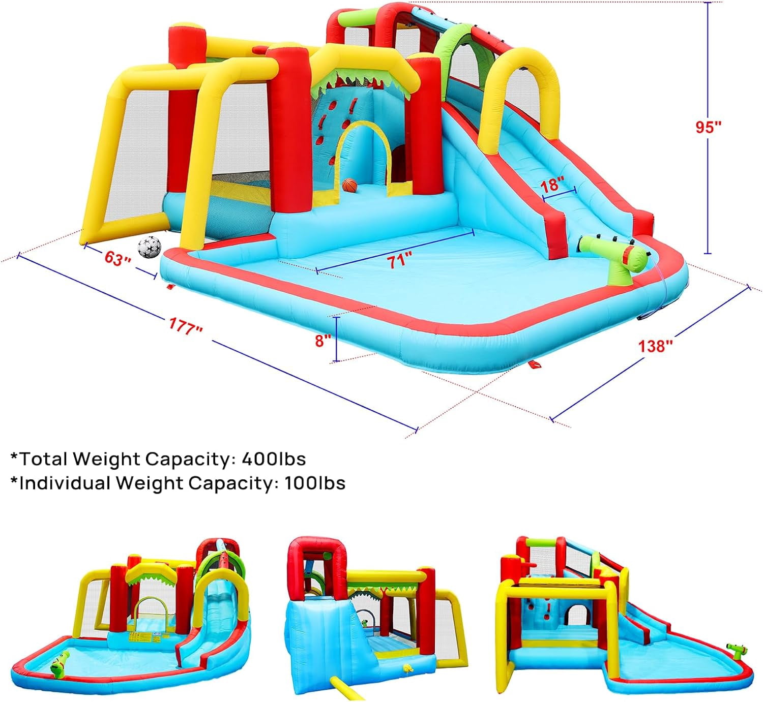 HNH 7 in 1 Inflatable Slide Water Park 177"x138"x95"H, Inflatable Bounce Houses for Kids with Splash Pool Water Gun