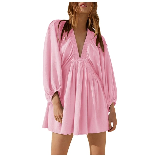 TJAZFJPA Robe à Nœud Femme Aguichant à Manches Longues à Col en V Robe à Taille Robe Décontractée Ample Fluide Robe Courte Robe d'Invitée de Mariage Robes d'Invitée de Mariage