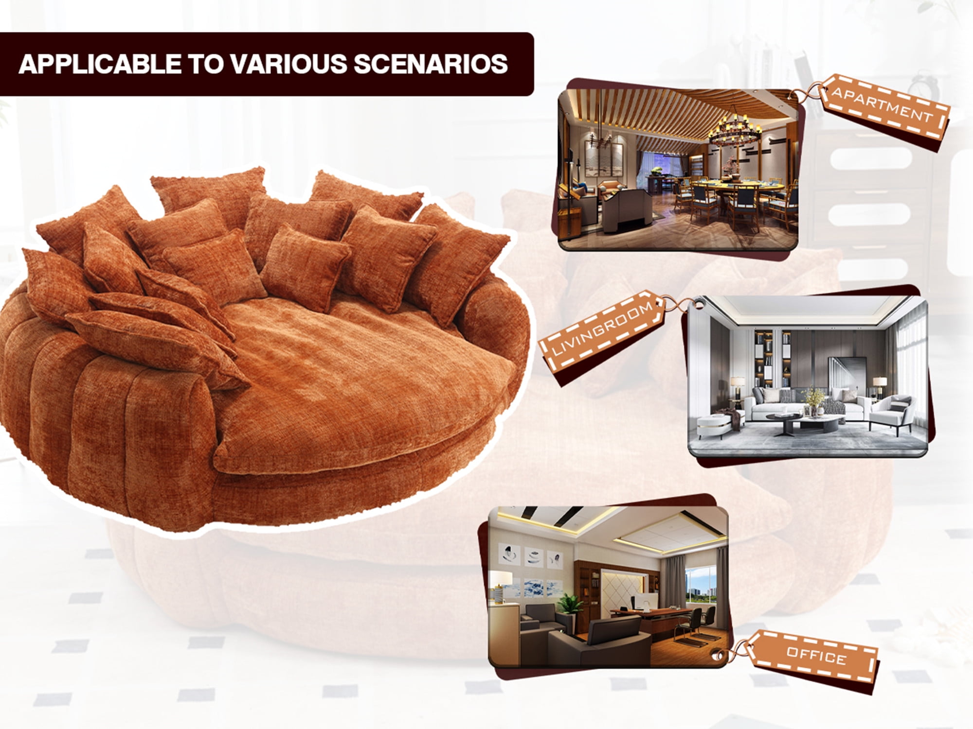 REHOUSING Chenille High Back Oversized and Padded Sofa Bed with 14 Removable Pillows, Orange