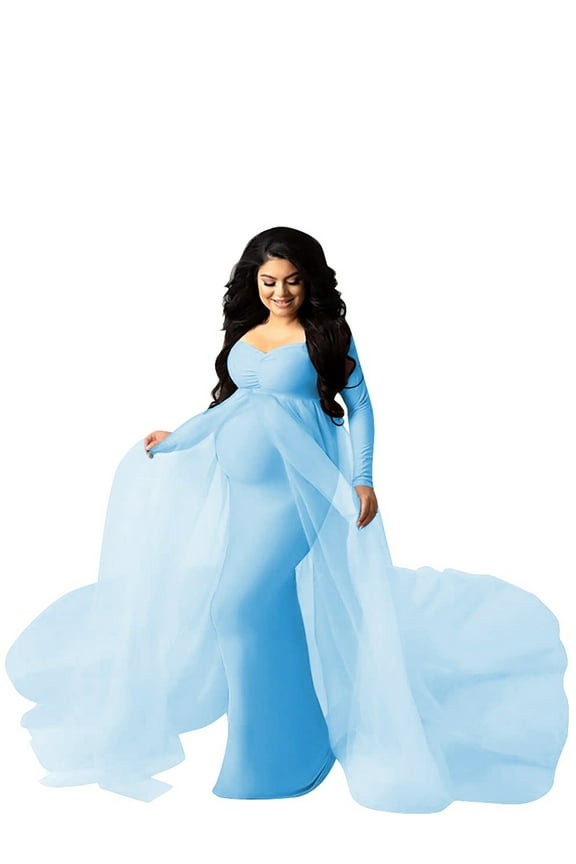 Maternity V Neck Long Sleeves Maxi Dress with Train Pregnant Gown For Baby Shower Photoshoot