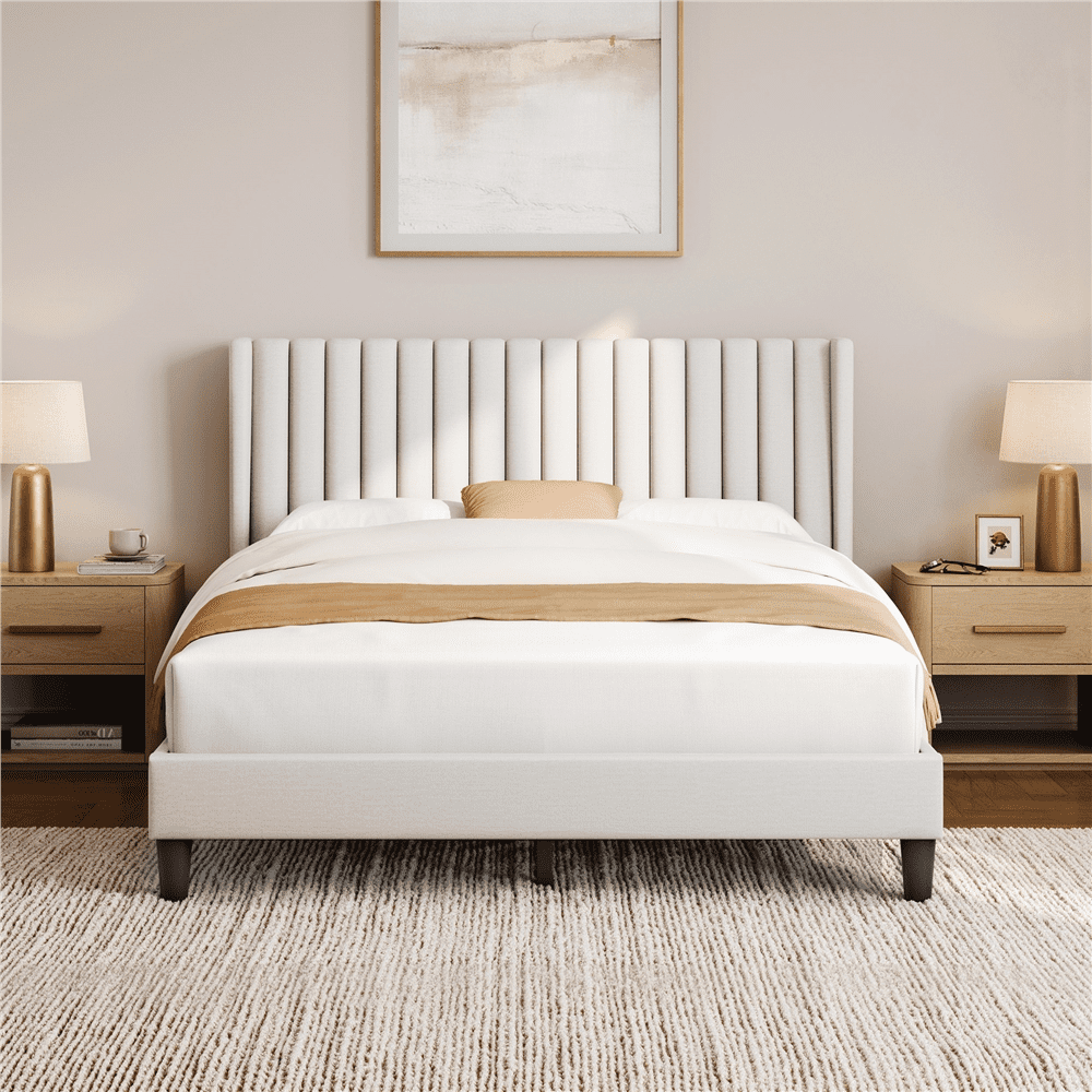 Yaheetech Upholstered Platform Queen Bed with Headboard, Ivory