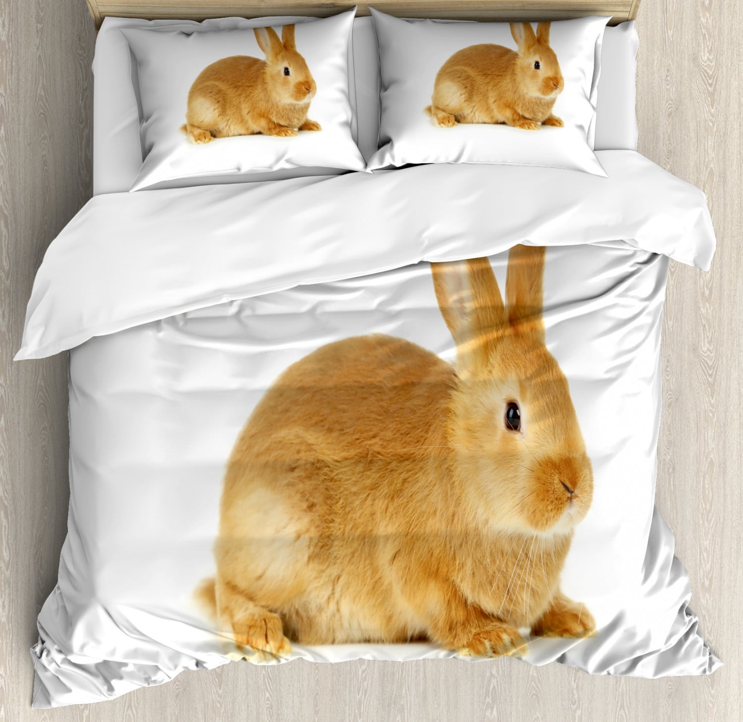 Bunny Duvet Cover Set Queen Size Fluffy Rabbit Sitting on a White