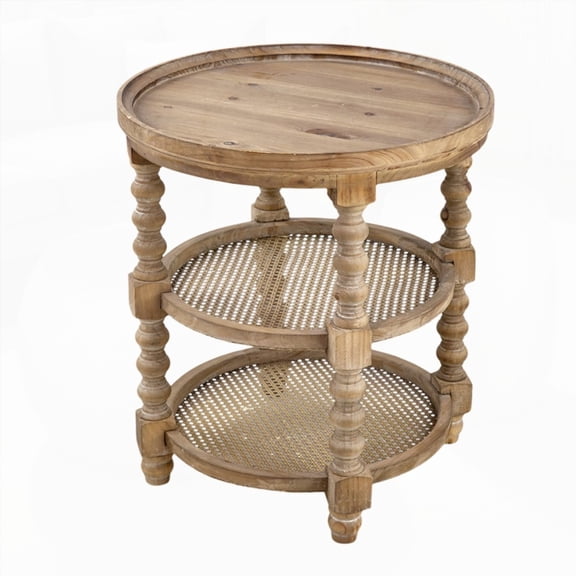 D23.5 x 25" Natural Brown Round 3-Tiered Side Table for Home Decor in Living Room, Bedroom & Entryway