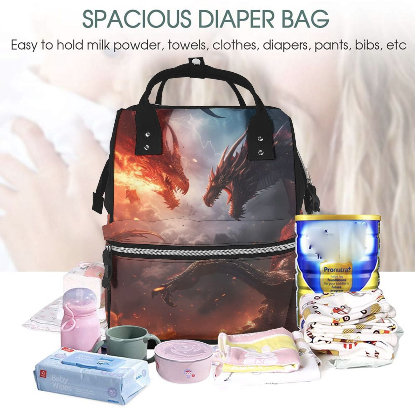 Ratiio Fire Sky Dragon Mummy Backpack - Waterproof Twill Canvas, Large Capacity Diaper Bag with Multiple Pockets and Adjustable Straps