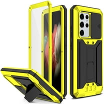 Samsung Galaxy S21 Ultra Metal Case with Screen Protector, Dteck Heavy Duty Military Rugged Shockproof Full Body Protective Cover with Kickstand, Water-Resistant, Slide Camera Protector Cover,Yellow