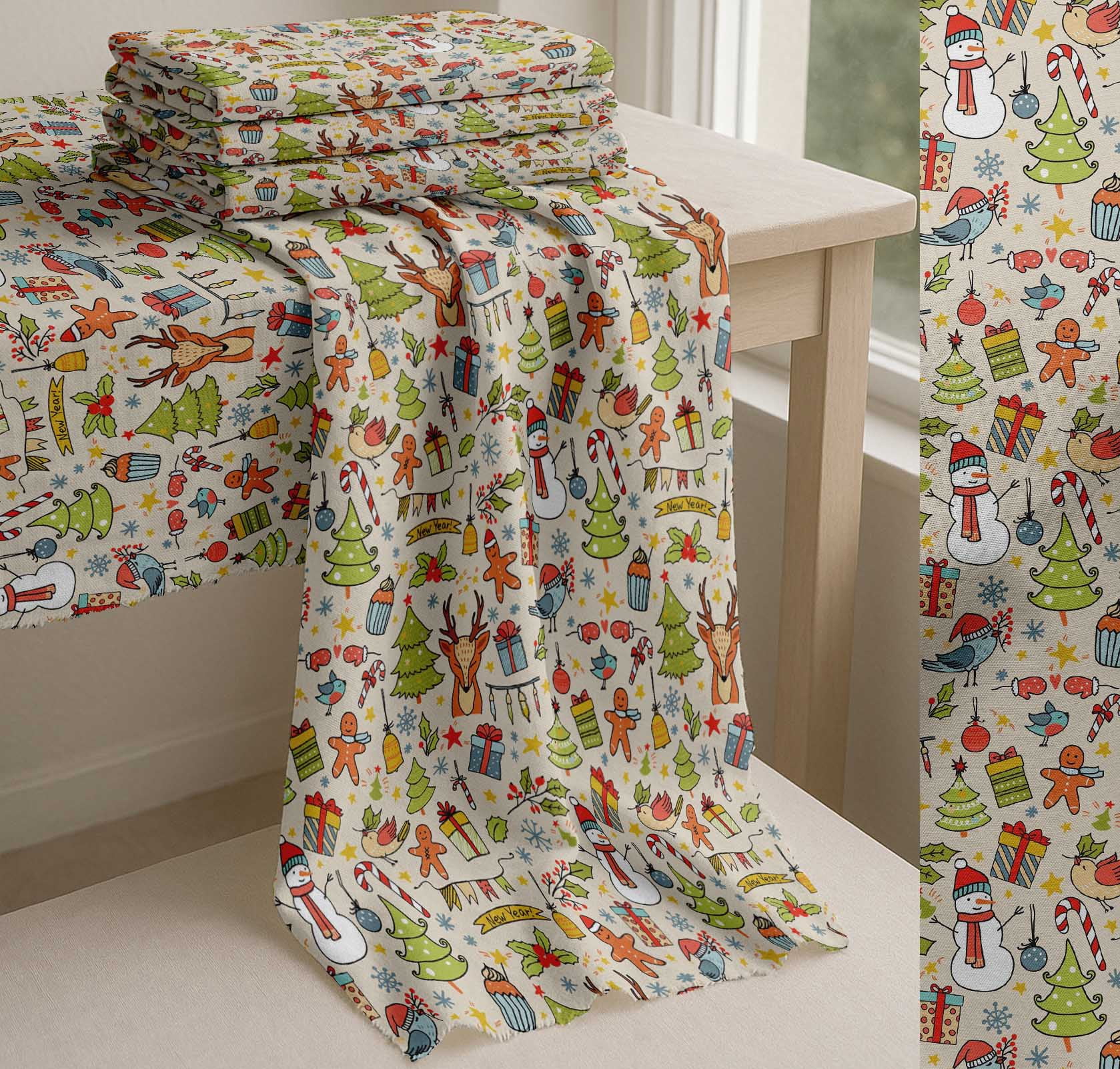 Soimoi Cotton Poplin Fabric Gift Box,Snowman & Tree Christmas Printed Fabric 1 Yard 42 Inch Wide