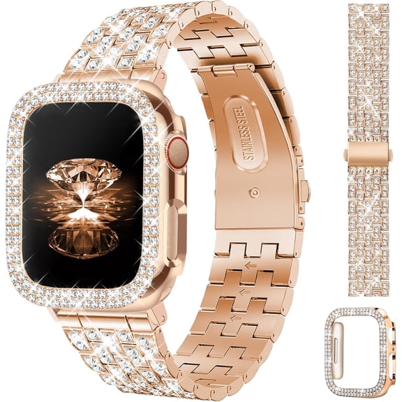 Lantuu Diamond-set strap with a sparkling case, compatible with Apple Watch (42mm, 45mm, 49mm, and S10/11 46mm). Luxury metal replacement strap.
