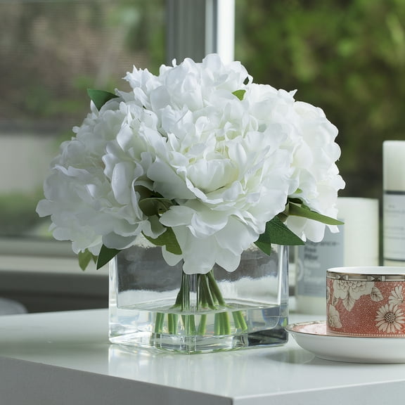 Enova Home 7 Heads Artificial Silk Peony Flower in Cube Glass Vase, Fake Floral Arrangement with Faux Water (Cream)