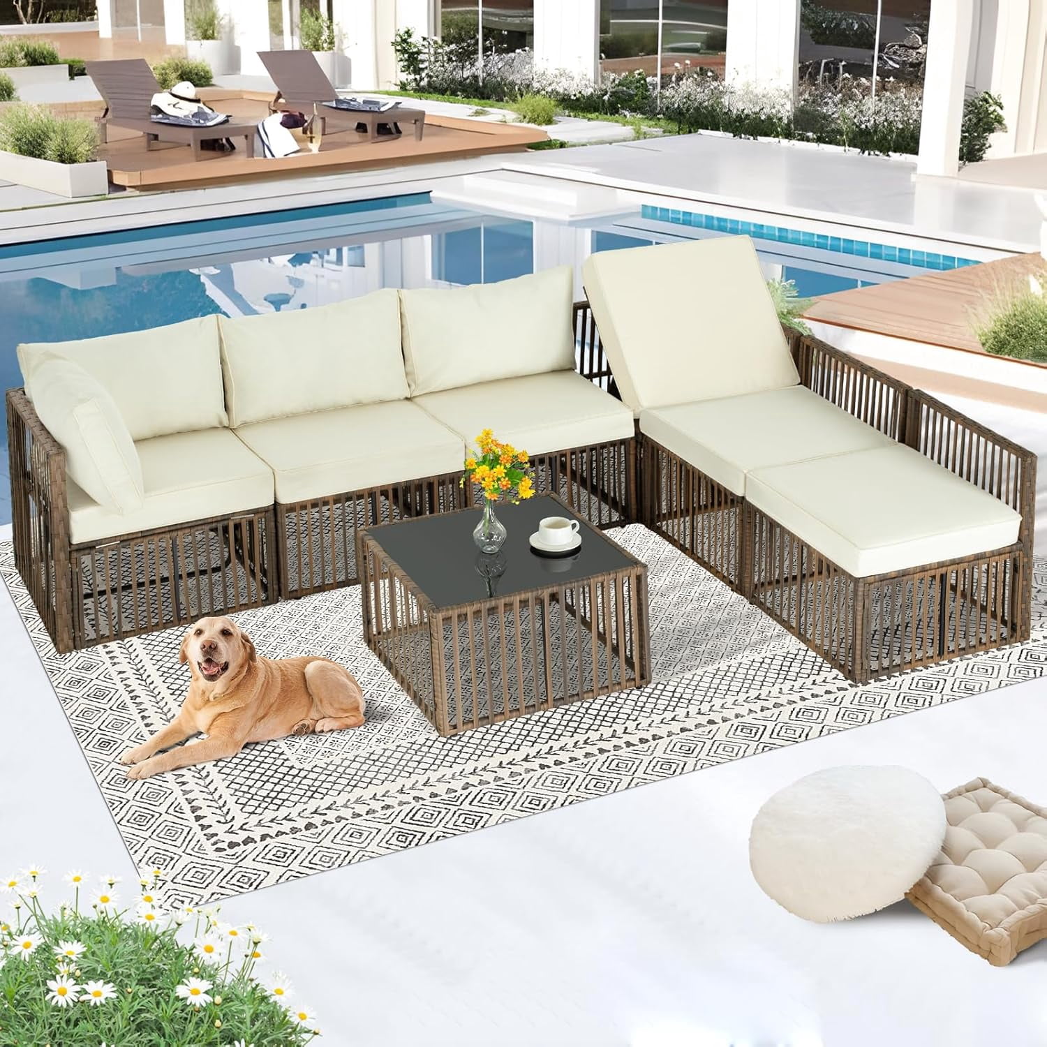 Ainfox 7 Pieces Outdoor Wicker Patio Furniture Set, Adjustable Backrest Sectional Conversation Couch with Thick Cushions & Coffee Table for Garden Porch Poolside, Brown/Beige