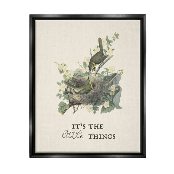 Stupell Industries It's The Little Things Bird Nest Graphic Art Jet Black Floating Framed Canvas Print Wall Art, Design by Lil' Rue