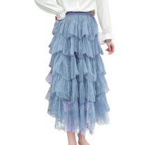 SWSMCLT Women's Tutu Skirt Long Fall Pleated Tulle Skirt Ruffle Mesh High Waist Skirt Blue One Size