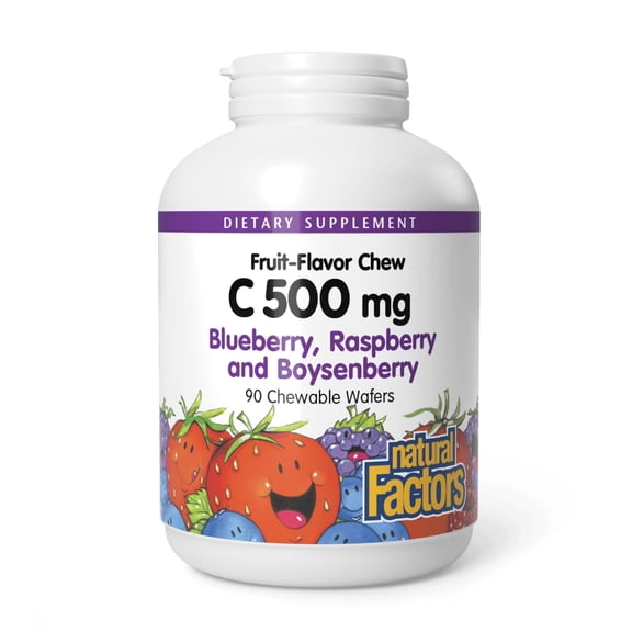 Natural Factors Kids Chewable Vitamin C 500 mg, Supports Immune Health, Bones, Teeth and Gums, Blueberry, Raspberry and Boysenberry, 90 Wafers