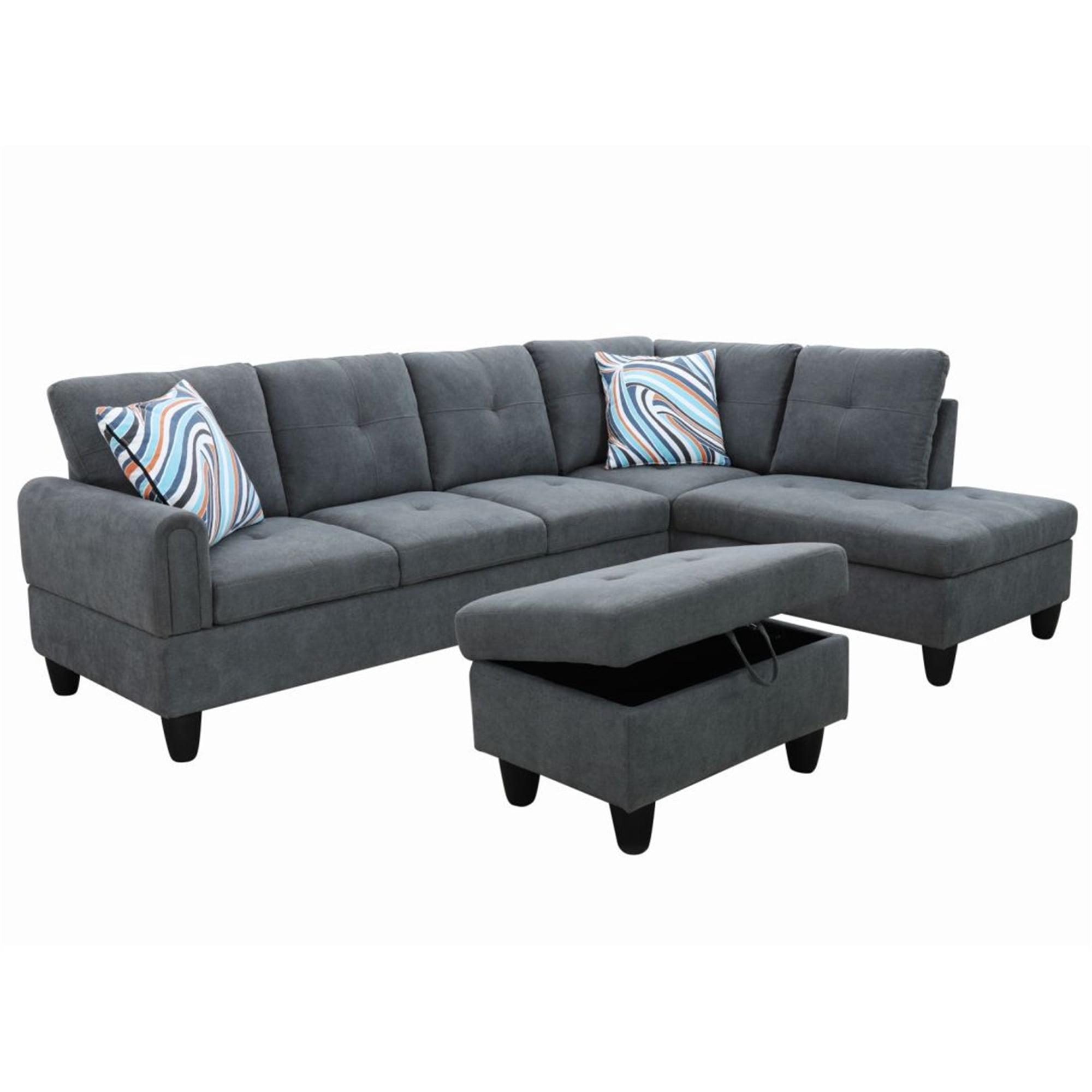 Aukfa 3 Piece Sectional Sofa with Storage Ottoman for Living Room, Right Hand Chaise, Flannel, Gray