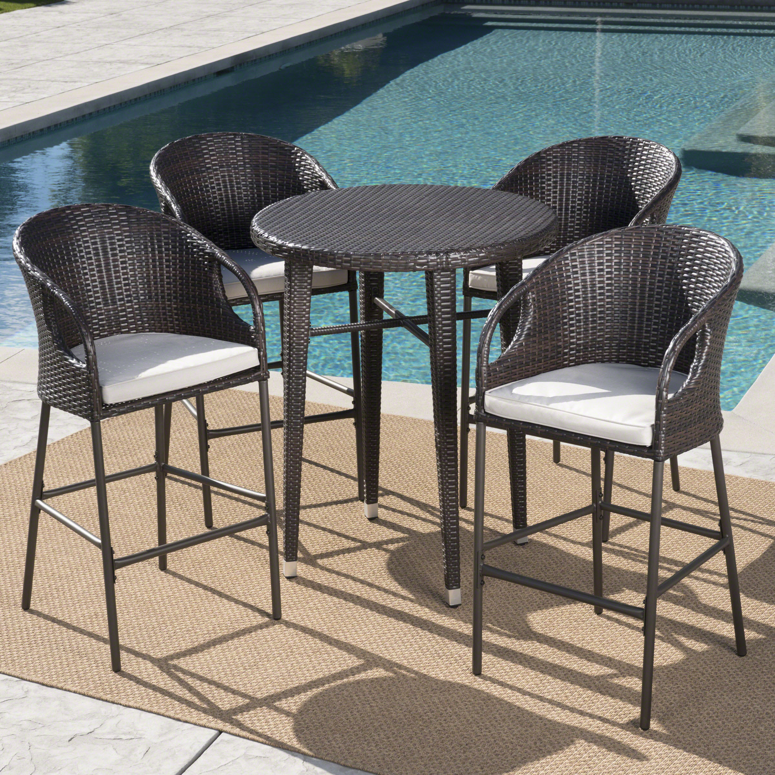 GDF Studio Breakwater Outdoor Wicker 5 Piece Bar Set with Cushion, Multibrown and Light Brown - image 3 of 13
