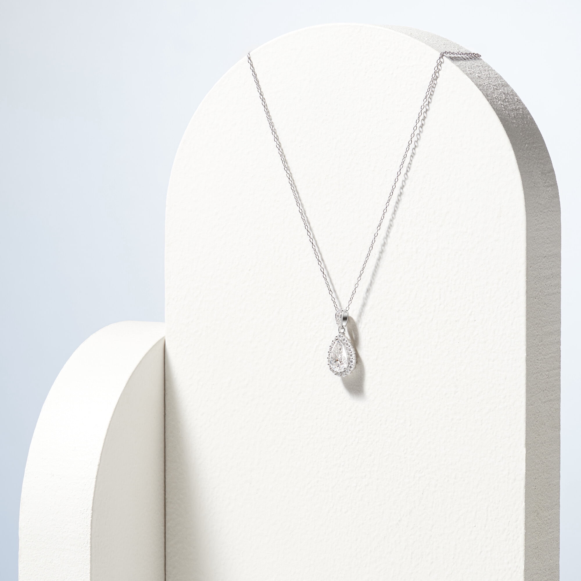 Forever Facets Moissanite Pear-Shape Pendant Necklace in Rhodium Plated Sterling Silver, Adult Female