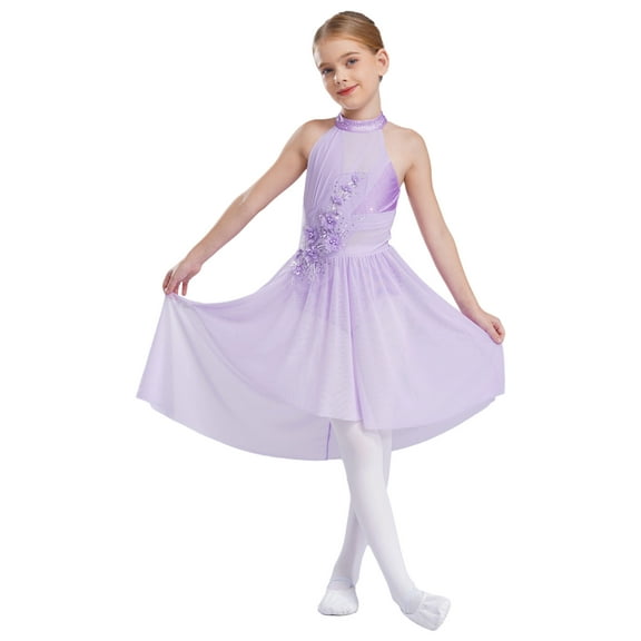 iiniim Lyrical Dance Dress for Girls Floral Rhinestone Ballet Tutu Skirt Leotard Figure Ice Skating Dancewear Light Purple 14