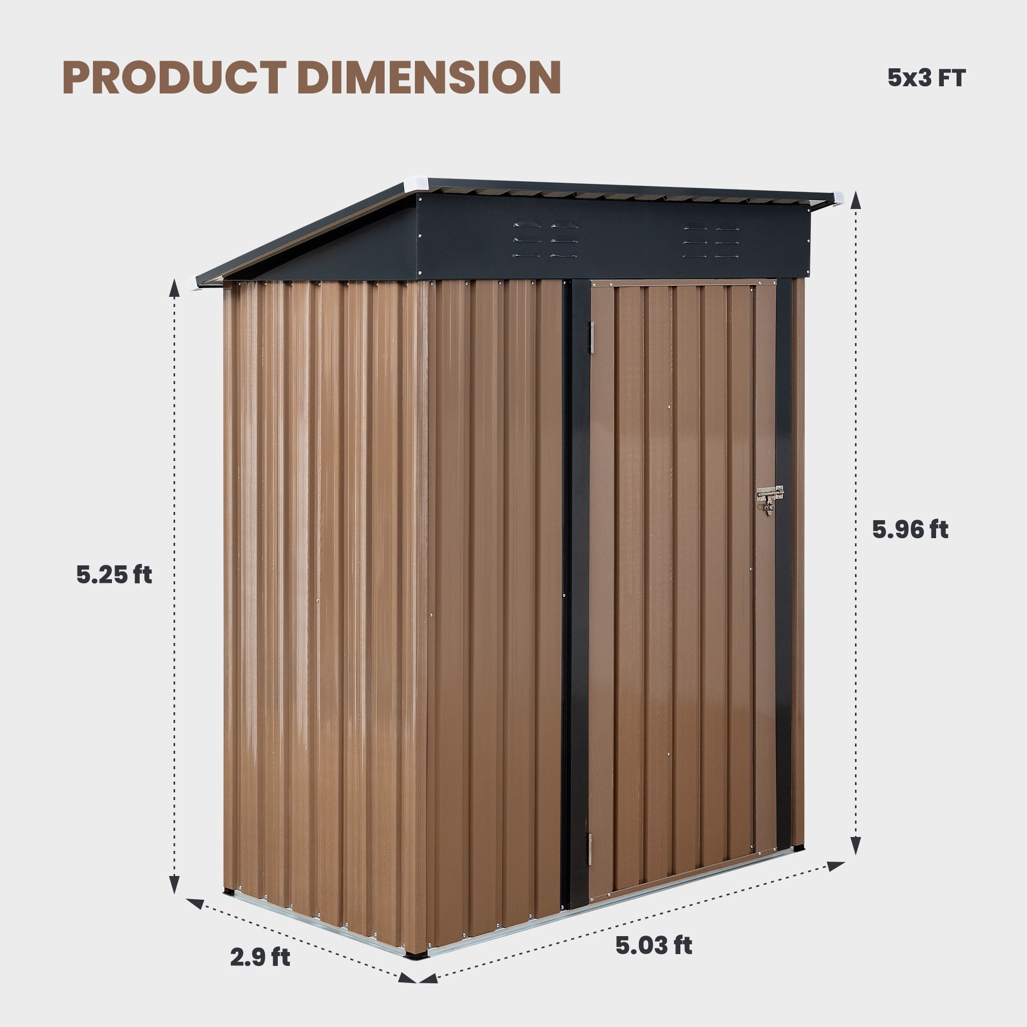 EDX 5' x 3' Outdoor Metal Storage Shed with Lockable Door – Sloped Roof & Galvanized Steel, Brown