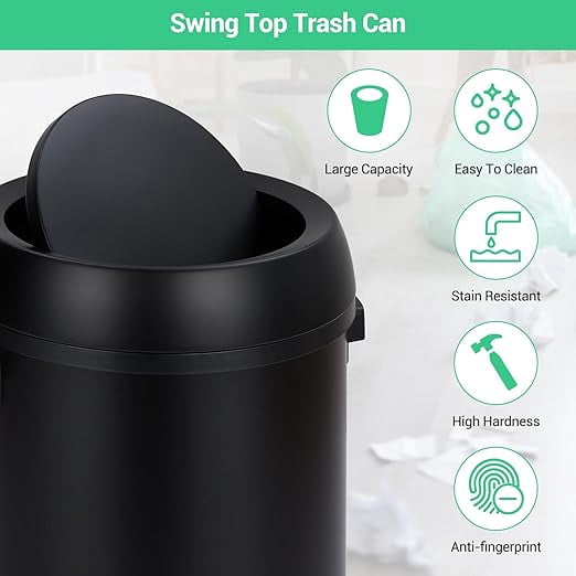 Basics Round Stainless Steel Trash Can with Swing lid, Large Kitchen Round Can - 65 Litre/ 17.2 Gallon, Silver, Black,White