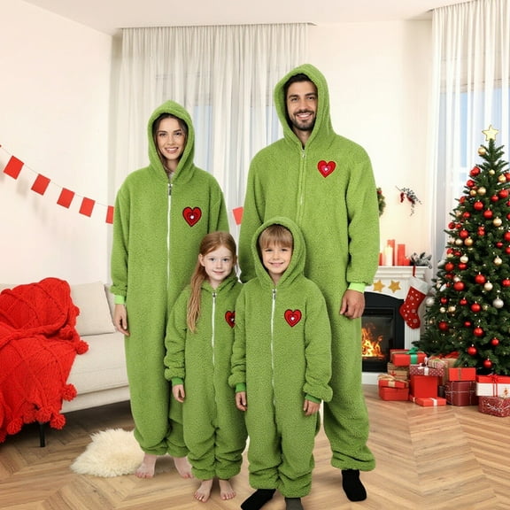 Green Pajamas Onesie Jumpsuit with Zipper Thick Green Elf PJs Sleepwear for Family Christmas