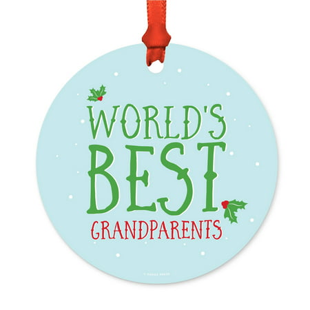 Metal Christmas Ornament, World's Best Grandparents, Holiday Mistletoe, Includes Ribbon and Gift