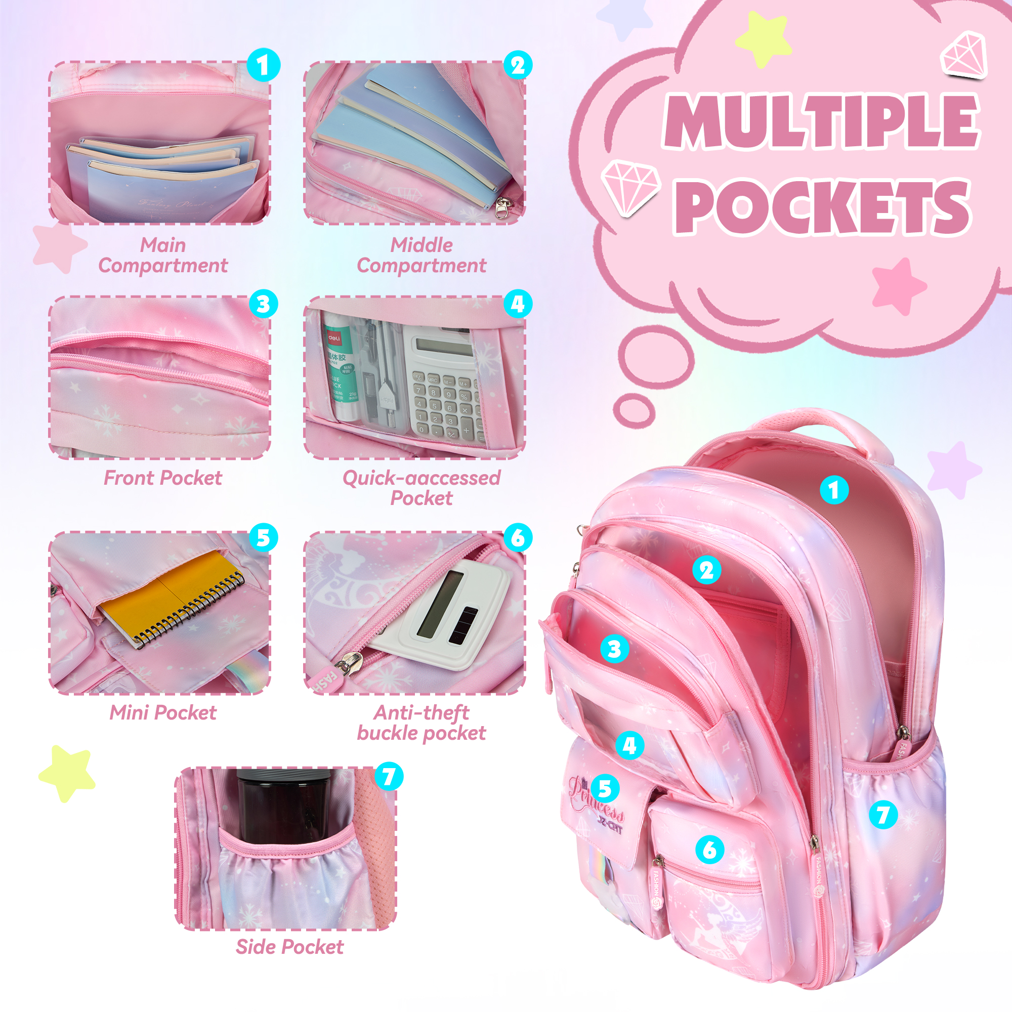 Mochila escolar para niños, niñas y adolescentes, gran capacidad, con múltiples bolsillos, para 7-14 años, rosa 3