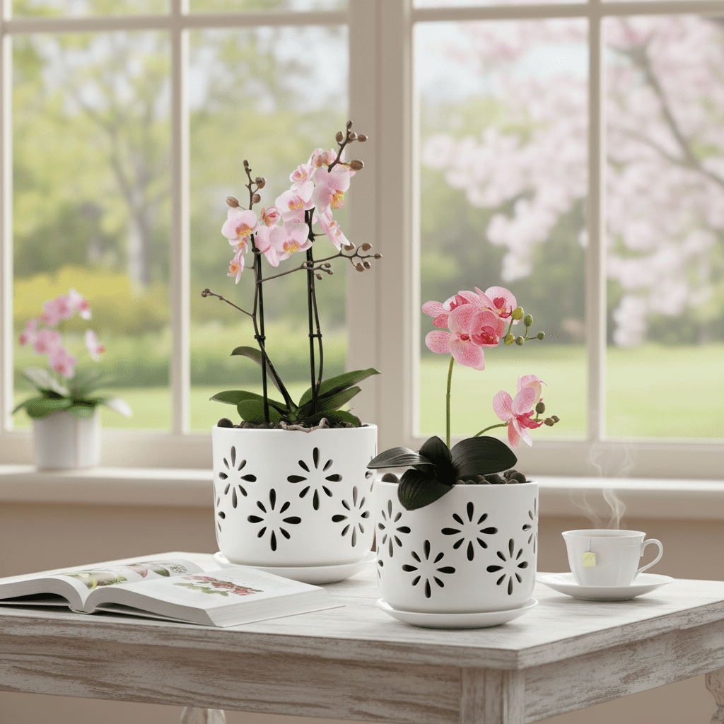 BUYMAX 5" & 6" Ceramic Orchid Pots with Holes and Trays, Blossom Geo Alabaster White, Set of 2