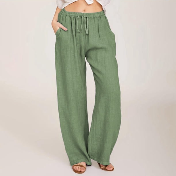 WILLBEST Pantalones Casuales de Mujer, Pantalones Anchos, Cintura Larga, Cordón Ajustable, Lino, Elásticos, Pierna Lisa, Cómodos para Uso Diario. XXXL
