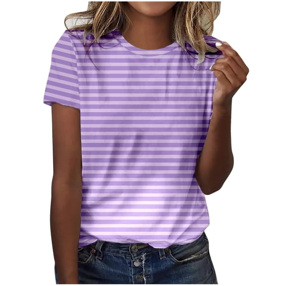 yillto Summer Striped Shirts for Womens Basic Loose Short Sleeve Round Neck Causal Tee Tshirts Tops