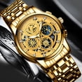 thumbnail image 2 of Reloj de Cuarzo Esqueleto para Hombre, Correa de Acero Inoxidable Dorado con Fase Lunar, Acento de Diamante, Reloj de Pulsera Empresarial Impermeable, 2 of 7
