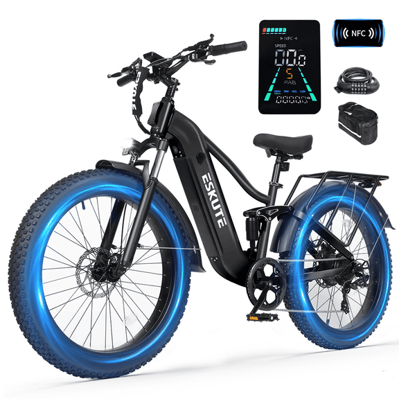 ESKUTE C300 Electric Bike for Adults, 750W Peak Motor, 20MPH Fast Ebike, 48V 20.8Ah Battery Up to 80 Miles, 26"x4.0" Fat Tire, Full Suspension, 8-Speed Black, With Phonebag & Lock, UL2849