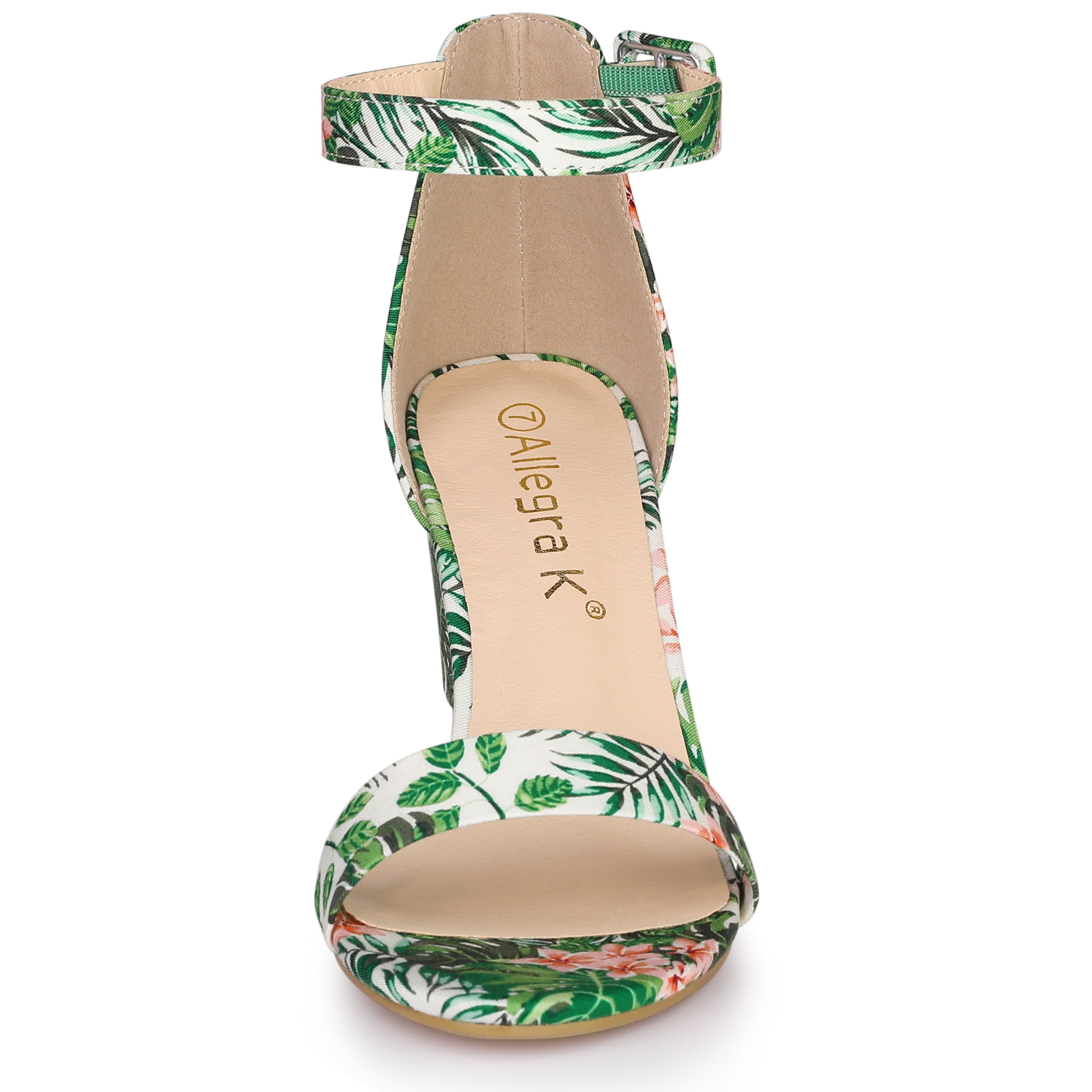 Floral Printed Open Toe Ankle Strap Block Heel Sandals Green 10.5