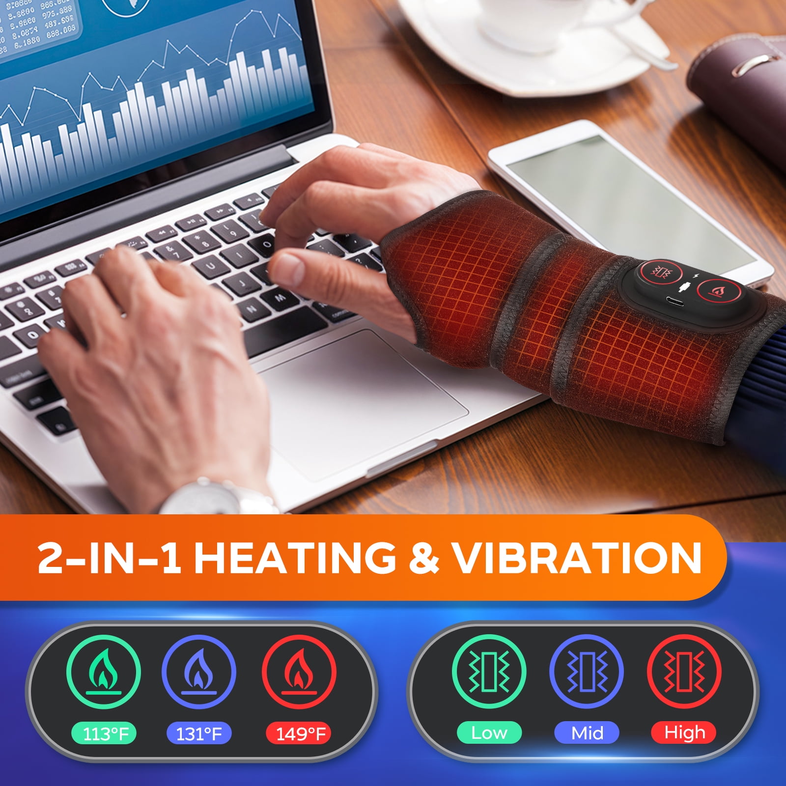 Cordless Wrist Heating Pad Wrap, Heated Wrist Brace with Vibration, 3 Heats and Vibrations Modes, Heated Wrist and Hand Massager, Versatile Heating Pad for Wrist, Hand, Knee, Elbow, Ankle