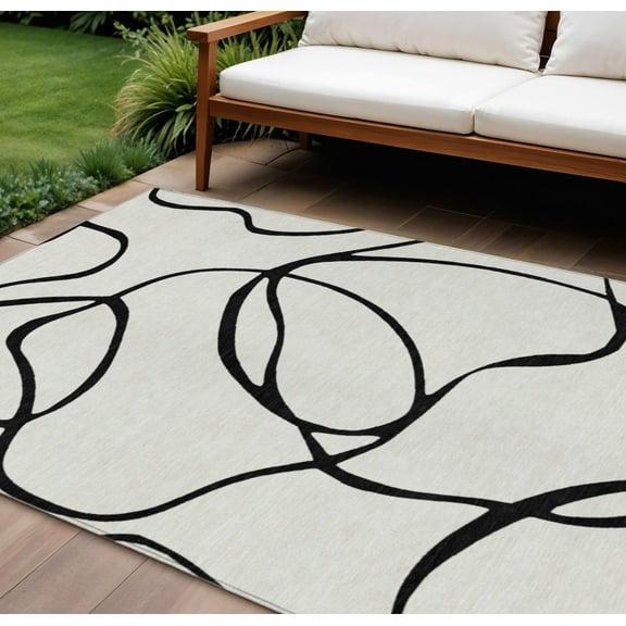 9' X 12' White And Black Abstract Washable Indoor Outdoor Area Rug