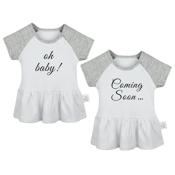 Pack of 2, Coming Soon & Oh Baby Pregnancy Announcement Dresses For Baby, Newborn Babies Skirts, Infant Princess Dress, Toddler Frocks (Gray Raglan Dresses, 0-6 Months)