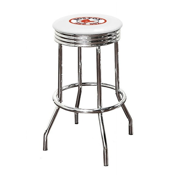 The Furniture King Bar Stool 24" or 29" Tall Backless Chrome Metal Stool Featuring Your Favorite Baseball Team Logo on a Colored Vinyl Swivel Seat Cushion - Red Sox on White