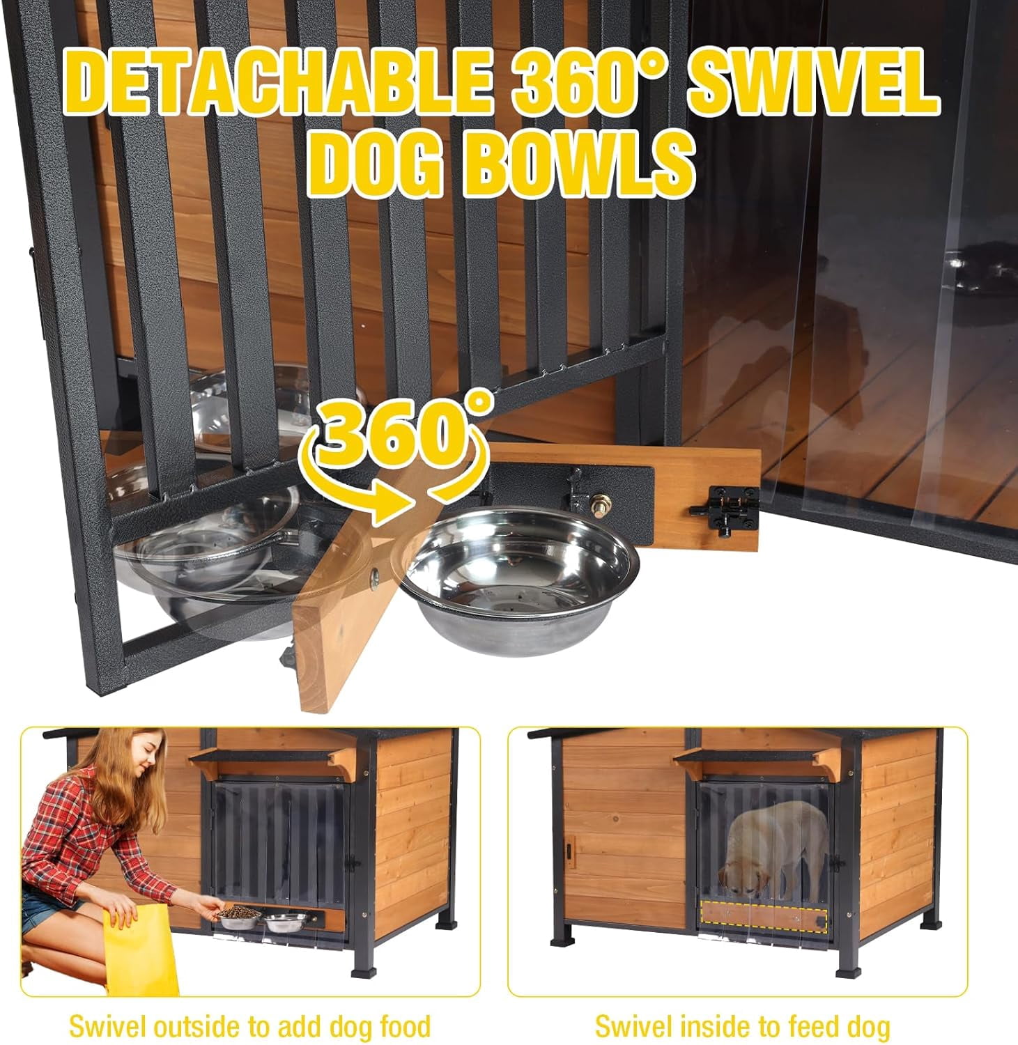 Dog House with Anti-Chewing Metal Frame Design Wooden Dog Kennel with Unique Design Roof, Weatherproof Dog House for Indoor & Outdoor Use (Wood, L)
