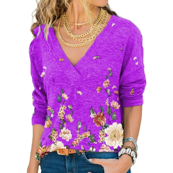 DYMADE Women Plus Size Casual V-neck Pullover Floral Printed Long Sleeve T-shirt Loose Top