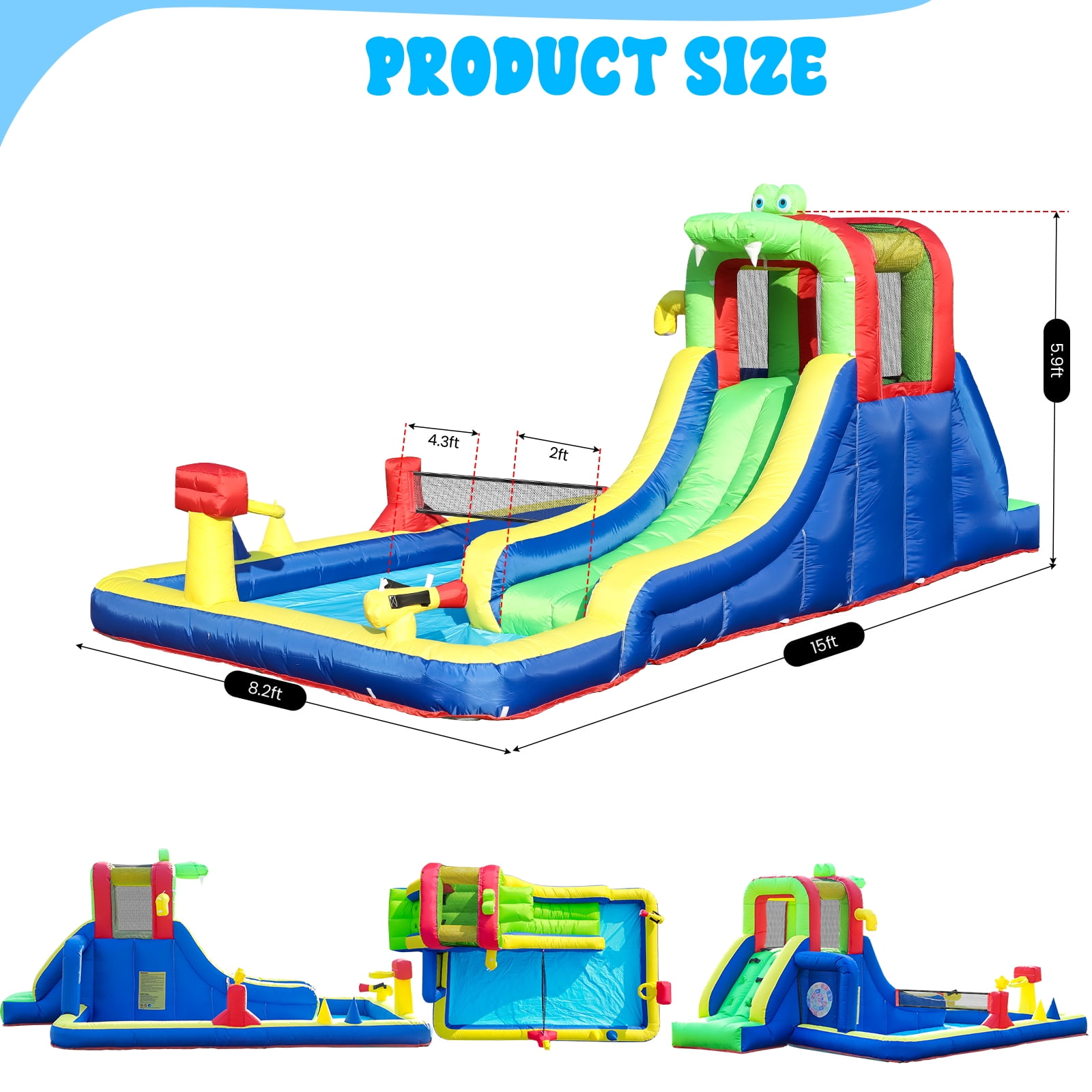 Relunch Inflatable Water Slide Crocodile Bounce House Volleyball Play for Kids